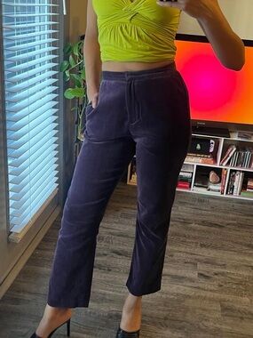 vintage velour fitted purple straight leg trousers